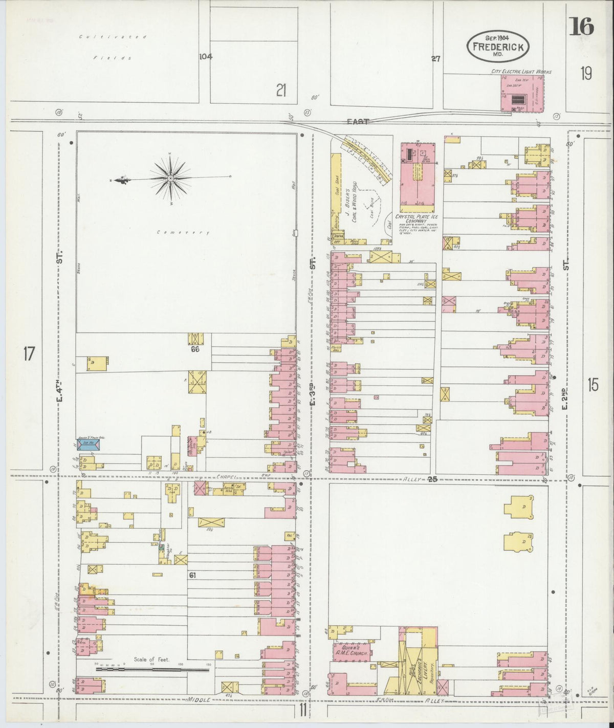 Sanborn Fire Insurance Map from Frederick, Frederick County, Maryland (1904), Sheet #0016 - Historic Sanborn Fire Insurance Map Print, vintage old map wall art, antique decor, genealogy gift, Maryland Maryland map