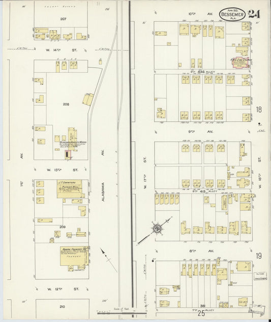 Sanborn Fire Insurance Map from Bessemer, Jefferson County, Alabama (1913), Sheet #0024 - Historic Sanborn Fire Insurance Map Print, vintage old map wall art, antique decor, genealogy gift, Alabama Alabama map