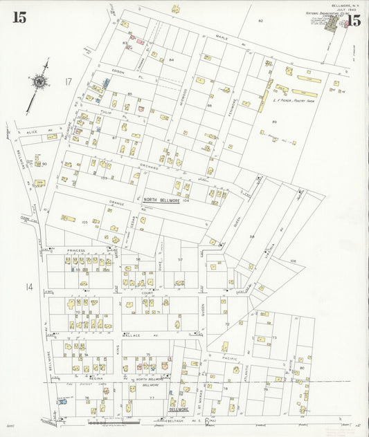 Sanborn Fire Insurance Map from Bellmore, Nassau County, New York (1940), Sheet #0015 - Historic Sanborn Fire Insurance Map Print, vintage old map wall art, antique decor, genealogy gift, New York New York map
