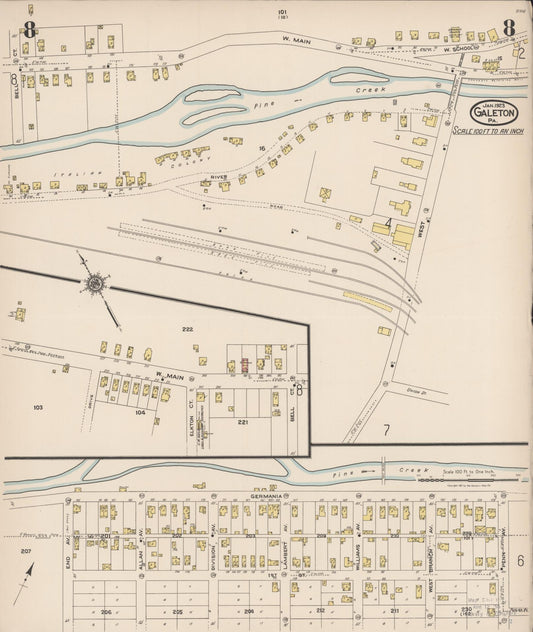 Sanborn Fire Insurance Map from Galeton, Potter County, Pennsylvania (1923), Sheet #0008 - Historic Sanborn Fire Insurance Map Print, vintage old map wall art, antique decor, genealogy gift, Pennsylvania Pennsylvania map