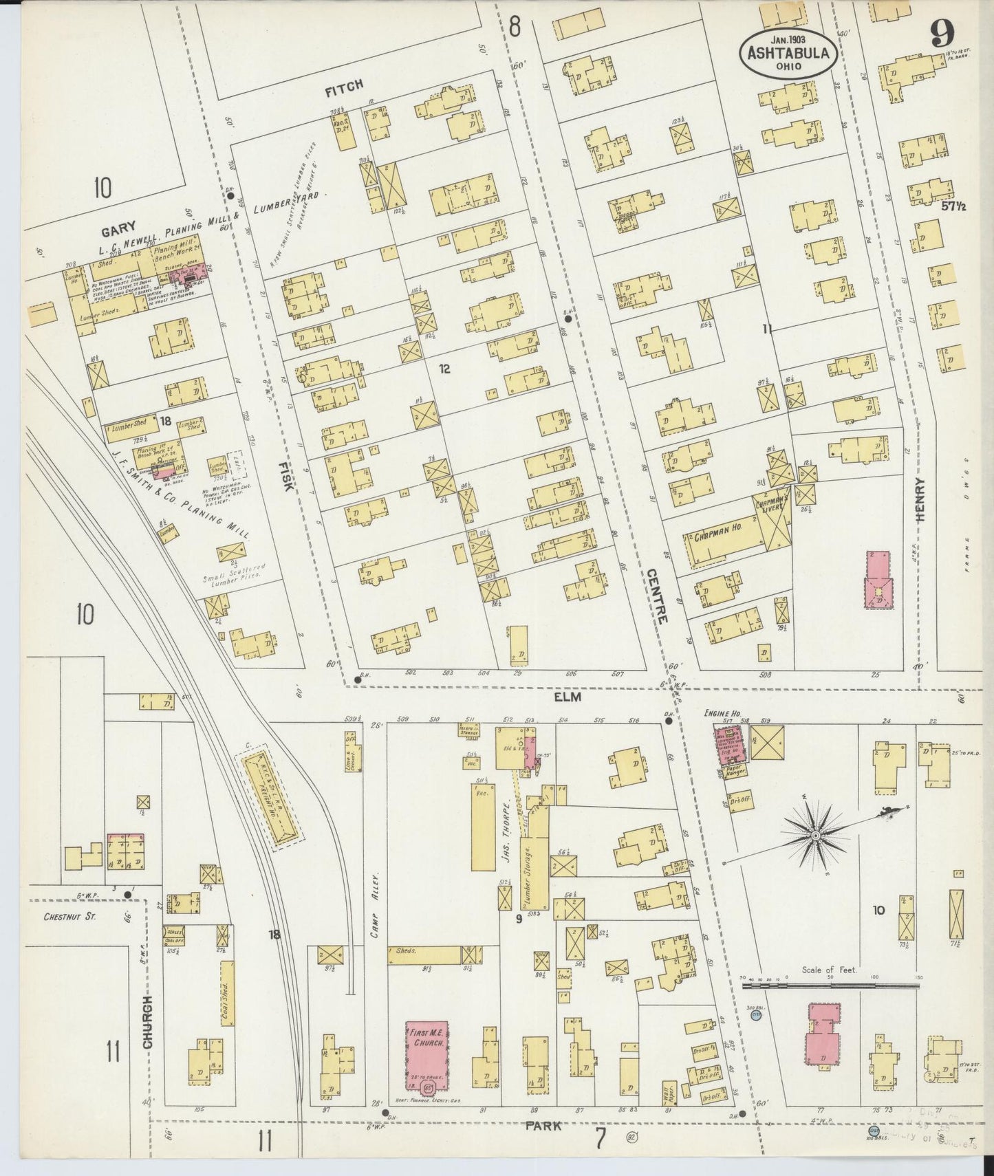 Sanborn Fire Insurance Map from Ashtabula, Ashtabula County, Ohio (1903), Sheet #0009 - Historic Sanborn Fire Insurance Map Print, vintage old map wall art, antique decor, genealogy gift, Ohio Ohio map