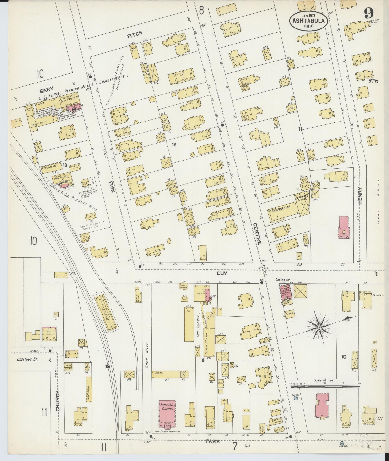 Sanborn Fire Insurance Map from Ashtabula, Ashtabula County, Ohio (1903), Sheet #0009 - Historic Sanborn Fire Insurance Map Print, vintage old map wall art, antique decor, genealogy gift, Ohio Ohio map