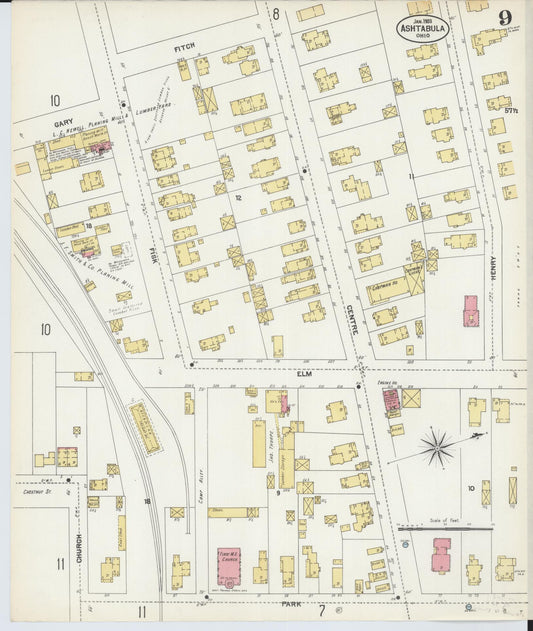 Sanborn Fire Insurance Map from Ashtabula, Ashtabula County, Ohio (1903), Sheet #0009 - Historic Sanborn Fire Insurance Map Print, vintage old map wall art, antique decor, genealogy gift, Ohio Ohio map