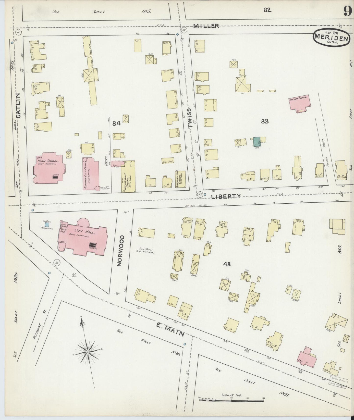 Sanborn Fire Insurance Map from Meriden, New Haven County, Connecticut (1891), Sheet #0009 - Complete Map Set gallery image, historic Sanborn map, vintage wall art, Connecticut Connecticut