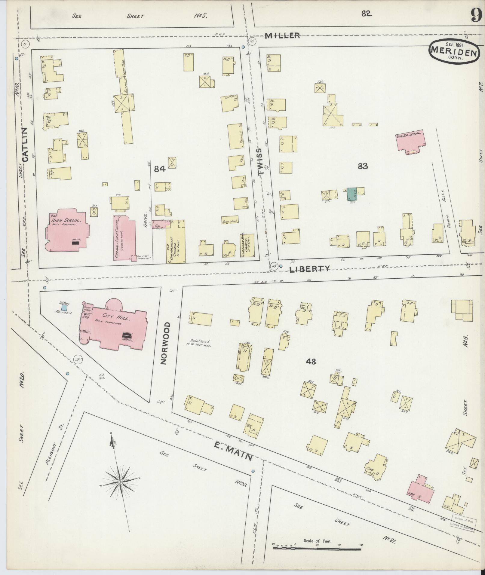 Sanborn Fire Insurance Map from Meriden, New Haven County, Connecticut (1891), Sheet #0009 - Complete Map Set gallery image, historic Sanborn map, vintage wall art, Connecticut Connecticut