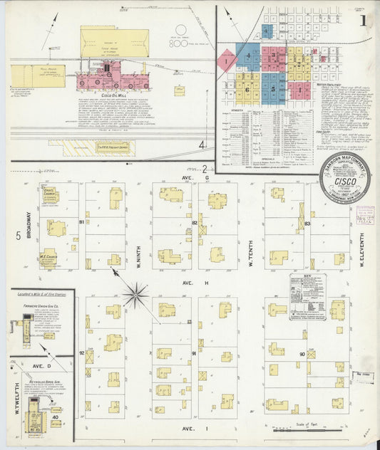 Sanborn Fire Insurance Map from Cisco, Eastland County, Texas (1907), Sheet #0001 - Historic Sanborn Fire Insurance Map Print, vintage old map wall art, antique decor, genealogy gift, Texas Texas map