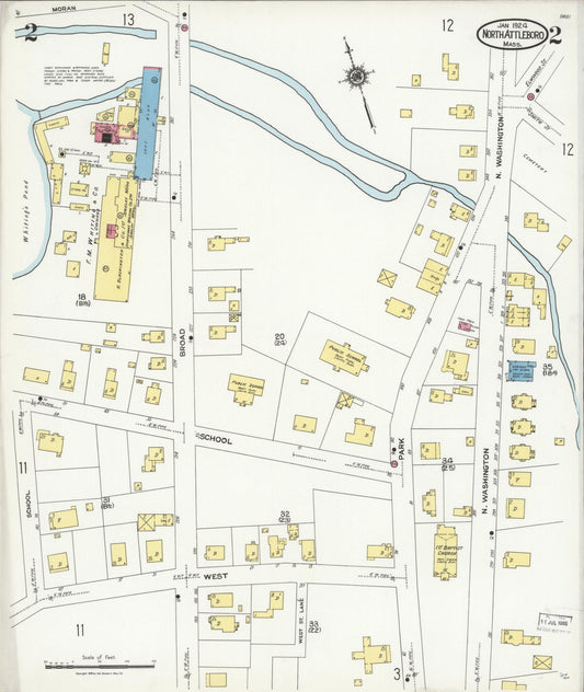 Sanborn Fire Insurance Map from North Attleborough, Bristol County, Massachusetts (1924), Sheet #0002 - Historic Sanborn Fire Insurance Map Print, vintage old map wall art, antique decor, genealogy gift, Massachusetts Massachusetts map