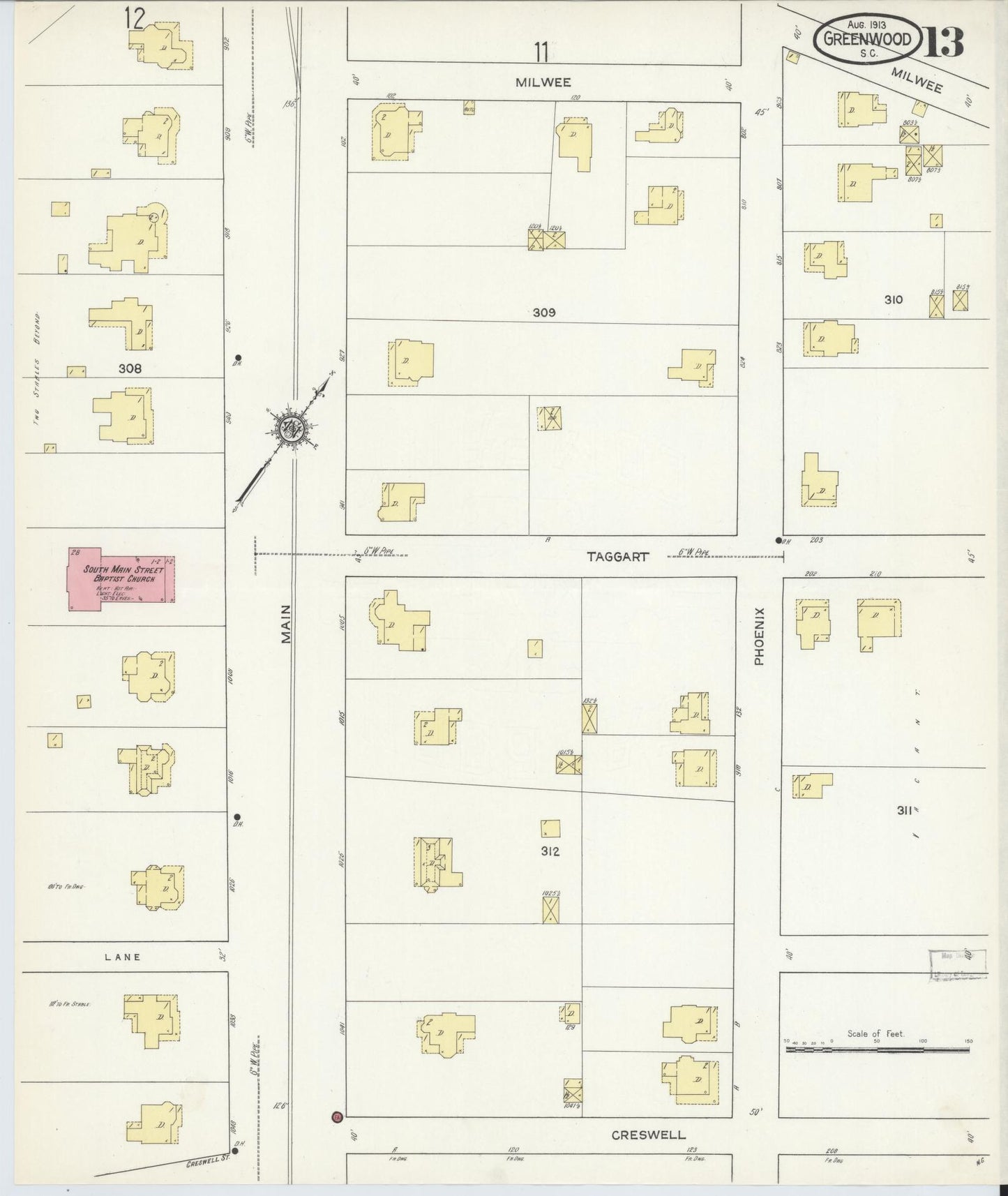 Sanborn Fire Insurance Map from Greenwood, Greenwood County, South Carolina (1913), Sheet #0013 - Complete Map Set gallery image, historic Sanborn map, vintage wall art, South Carolina South Carolina