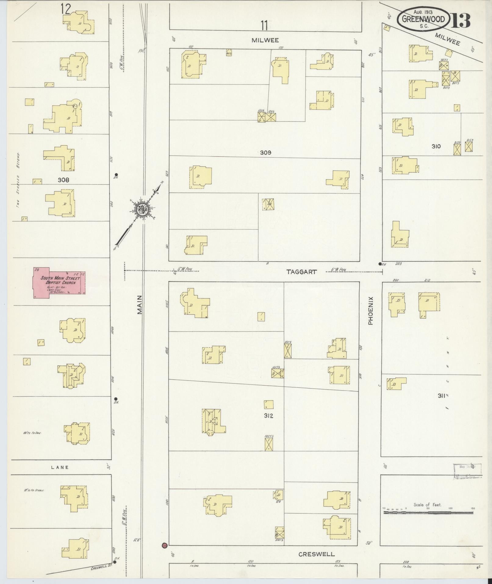Sanborn Fire Insurance Map from Greenwood, Greenwood County, South Carolina (1913), Sheet #0013 - Complete Map Set gallery image, historic Sanborn map, vintage wall art, South Carolina South Carolina