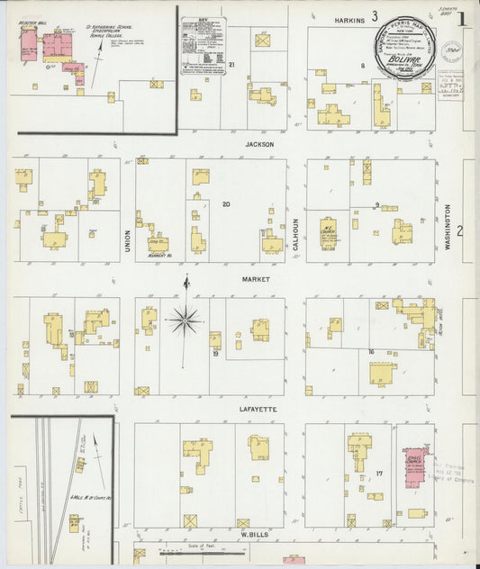 Sanborn Fire Insurance Map from Bolivar, Hardeman County, Tennessee (1901), Sheet #0001 - Historic Sanborn Fire Insurance Map Print, vintage old map wall art, antique decor, genealogy gift, Tennessee Tennessee map