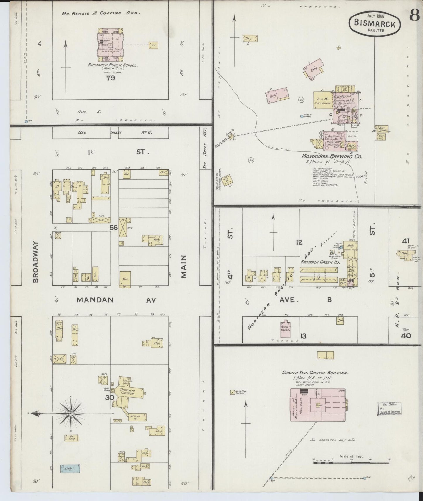 Sanborn Fire Insurance Map from Bismarck, Burleigh County, North Dakota (1888), Sheet #0008 - Historic Sanborn Fire Insurance Map Print, vintage old map wall art, antique decor, genealogy gift, North Dakota North Dakota map
