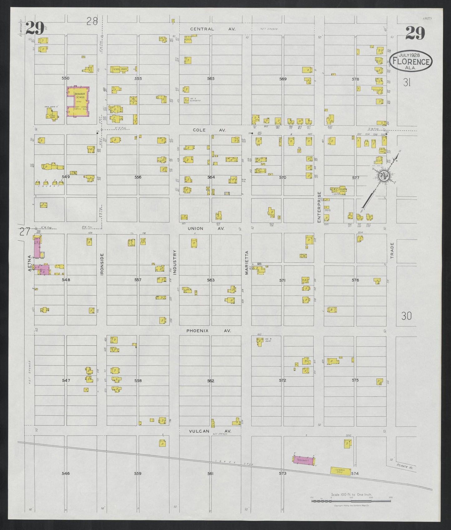 Sanborn Fire Insurance Map from Florence, Lauderdale County, Alabama (1928), Sheet #0029 - Historic Sanborn Fire Insurance Map Print, vintage old map wall art, antique decor, genealogy gift, Alabama Alabama map