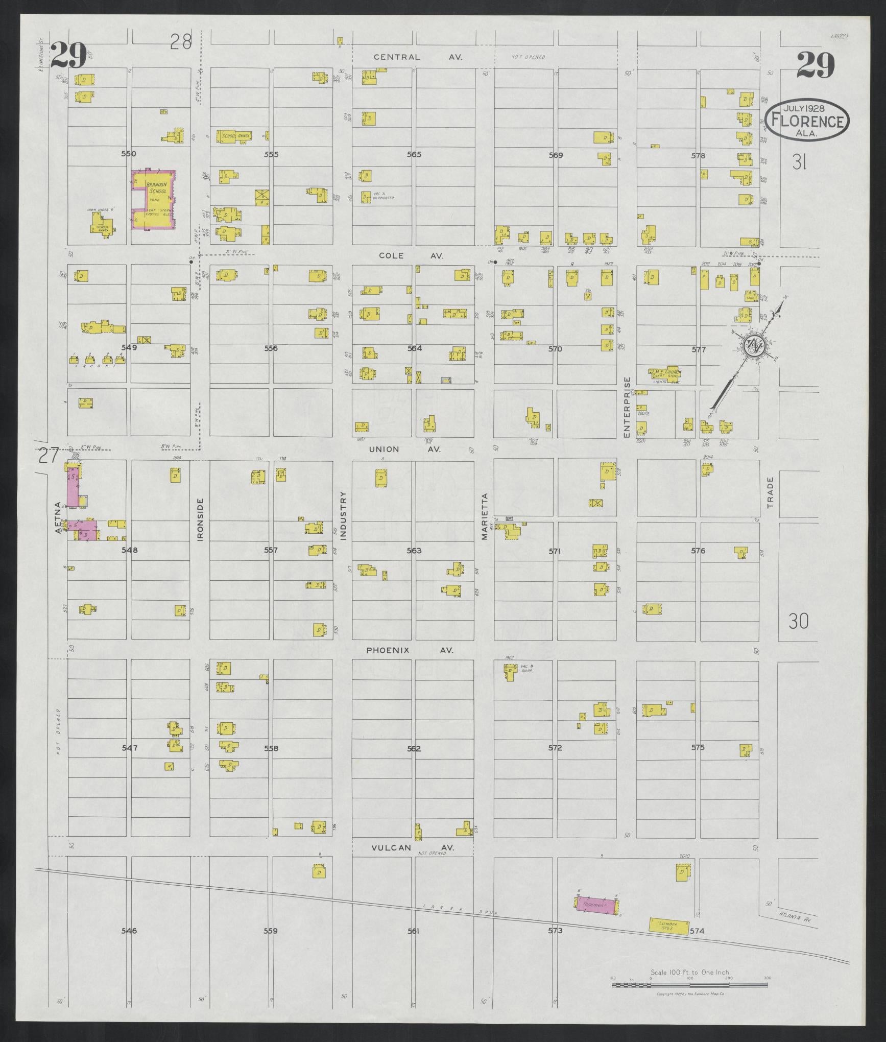 Sanborn Fire Insurance Map from Florence, Lauderdale County, Alabama (1928), Sheet #0029 - Historic Sanborn Fire Insurance Map Print, vintage old map wall art, antique decor, genealogy gift, Alabama Alabama map