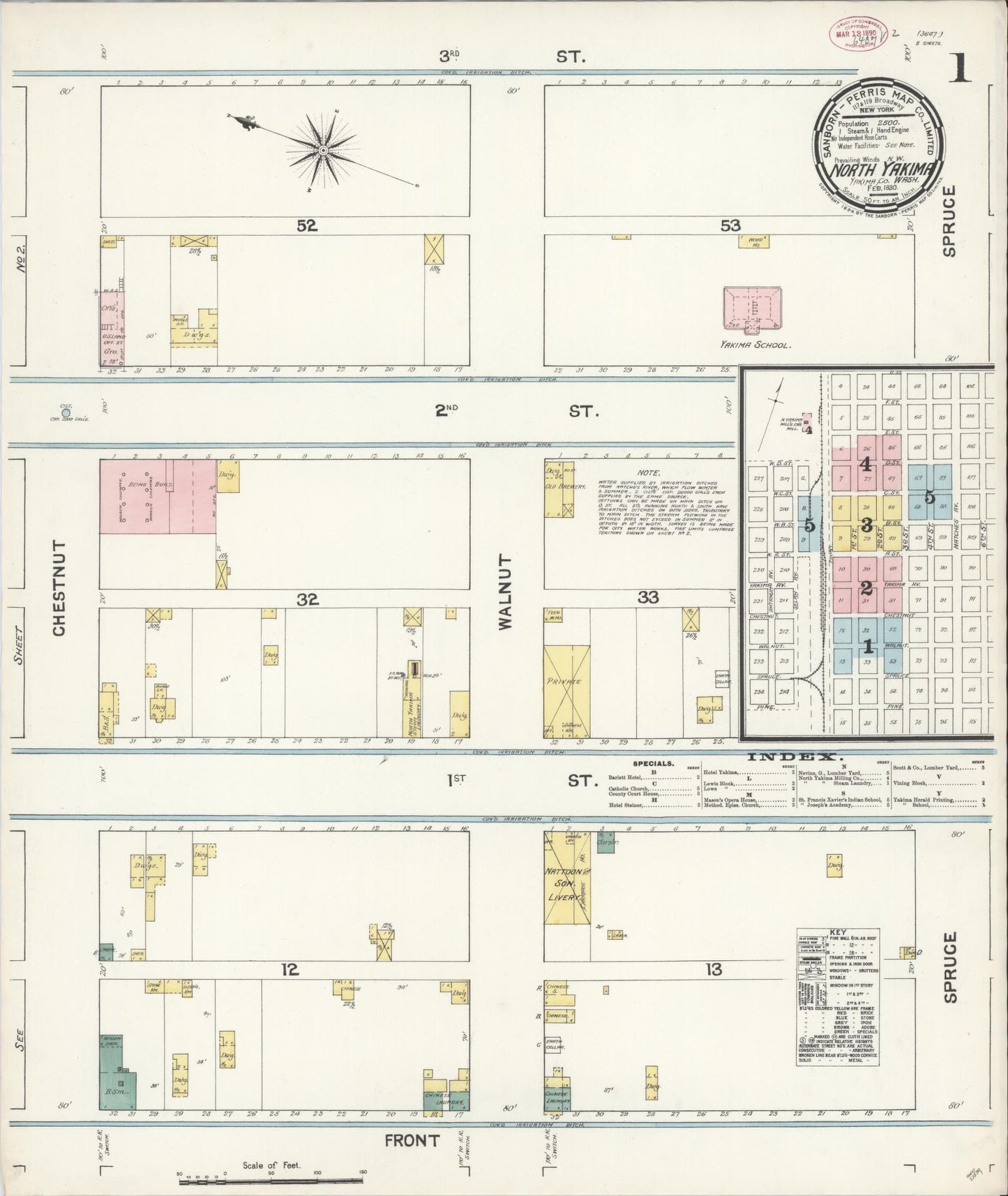Sanborn Fire Insurance Map from North Yakima, Yakima County, Washington (1890), Sheet #0001 - Complete Map Set gallery image, historic Sanborn map, vintage wall art, Washington Washington