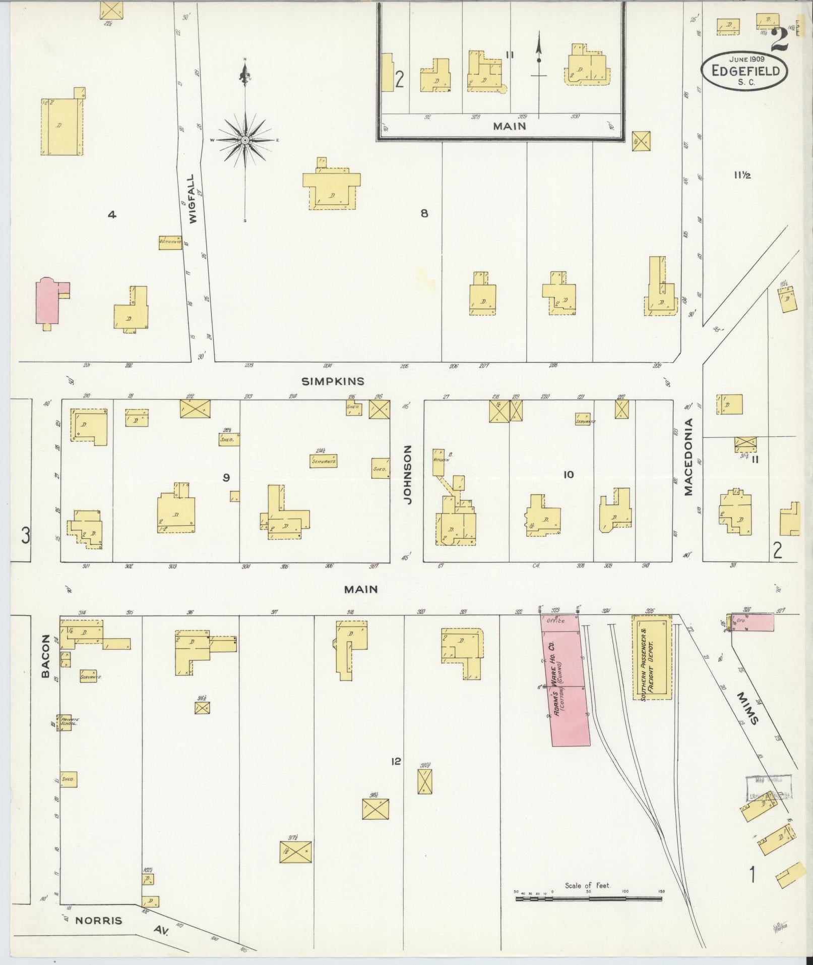 Sanborn Fire Insurance Map from Edgefield, Edgefield County, South Carolina (1909), Sheet #0002 - Complete Map Set gallery image, historic Sanborn map, vintage wall art, South Carolina South Carolina