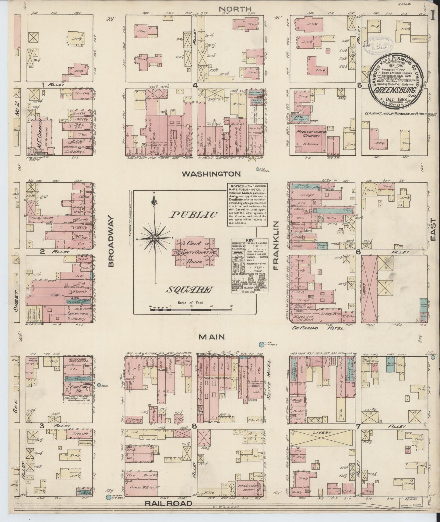 Sanborn Fire Insurance Map from Greensburg, Decatur County, Indiana (1883), Sheet #0001 - Complete Map Set gallery image, historic Sanborn map, vintage wall art, Indiana Indiana