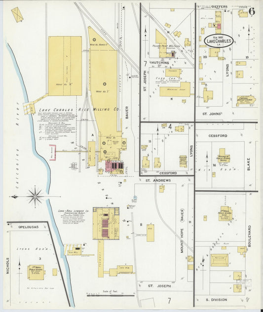 Sanborn Fire Insurance Map from Lake Charles, Calcasieu Parish, Louisiana (1909), Sheet #0006 - Historic Sanborn Fire Insurance Map Print, vintage old map wall art, antique decor, genealogy gift, Louisiana Louisiana map
