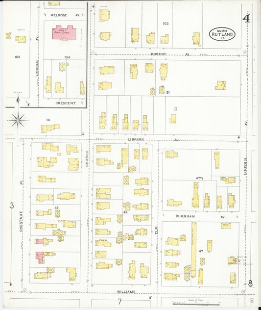 Sanborn Fire Insurance Map from Rutland, Rutland County, Vermont (1905), Sheet #0004 - Historic Sanborn Fire Insurance Map Print, vintage old map wall art, antique decor, genealogy gift, Vermont Vermont map