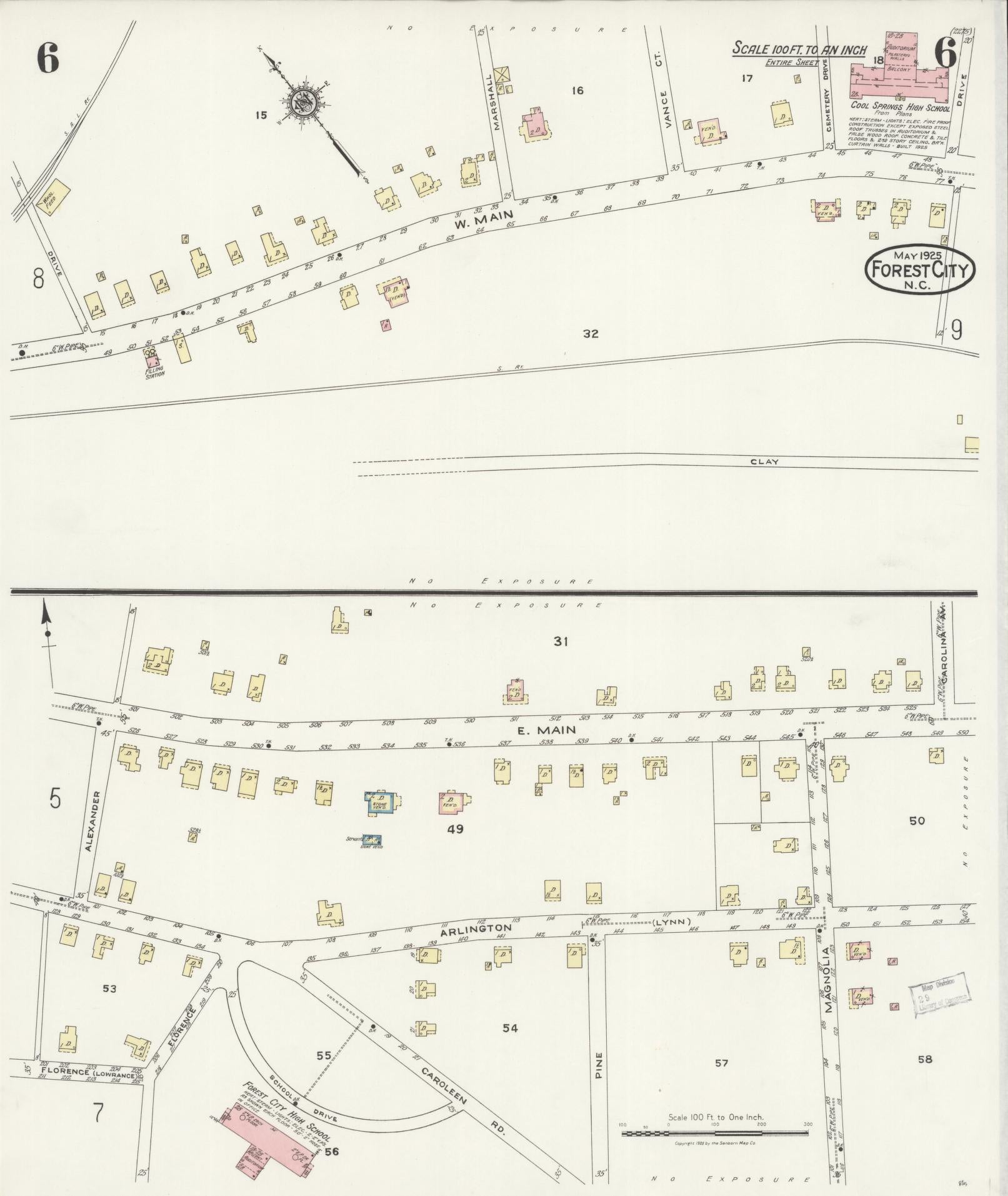 Sanborn Fire Insurance Map from Forest City, Rutherford County, North Carolina (1925), Sheet #0006 - Historic Sanborn Fire Insurance Map Print, vintage old map wall art, antique decor, genealogy gift, North Carolina North Carolina map