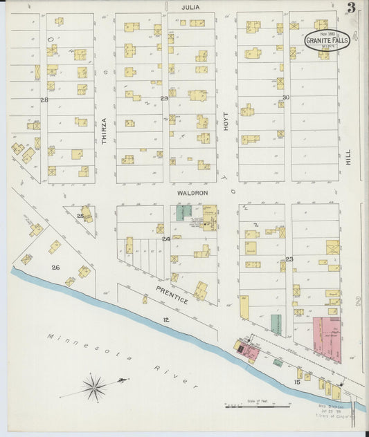 Sanborn Fire Insurance Map from Granite Falls, Yellow Medicine And Chippewa Counties, Minnesota (1893), Sheet #0003 - Historic Sanborn Fire Insurance Map Print, vintage old map wall art, antique decor, genealogy gift, Minnesota Minnesota map