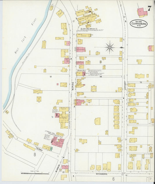 Sanborn Fire Insurance Map from Clarksburg, Harrison County, West Virginia (1905), Sheet #0007 - Historic Sanborn Fire Insurance Map Print, vintage old map wall art, antique decor, genealogy gift, West Virginia West Virginia map