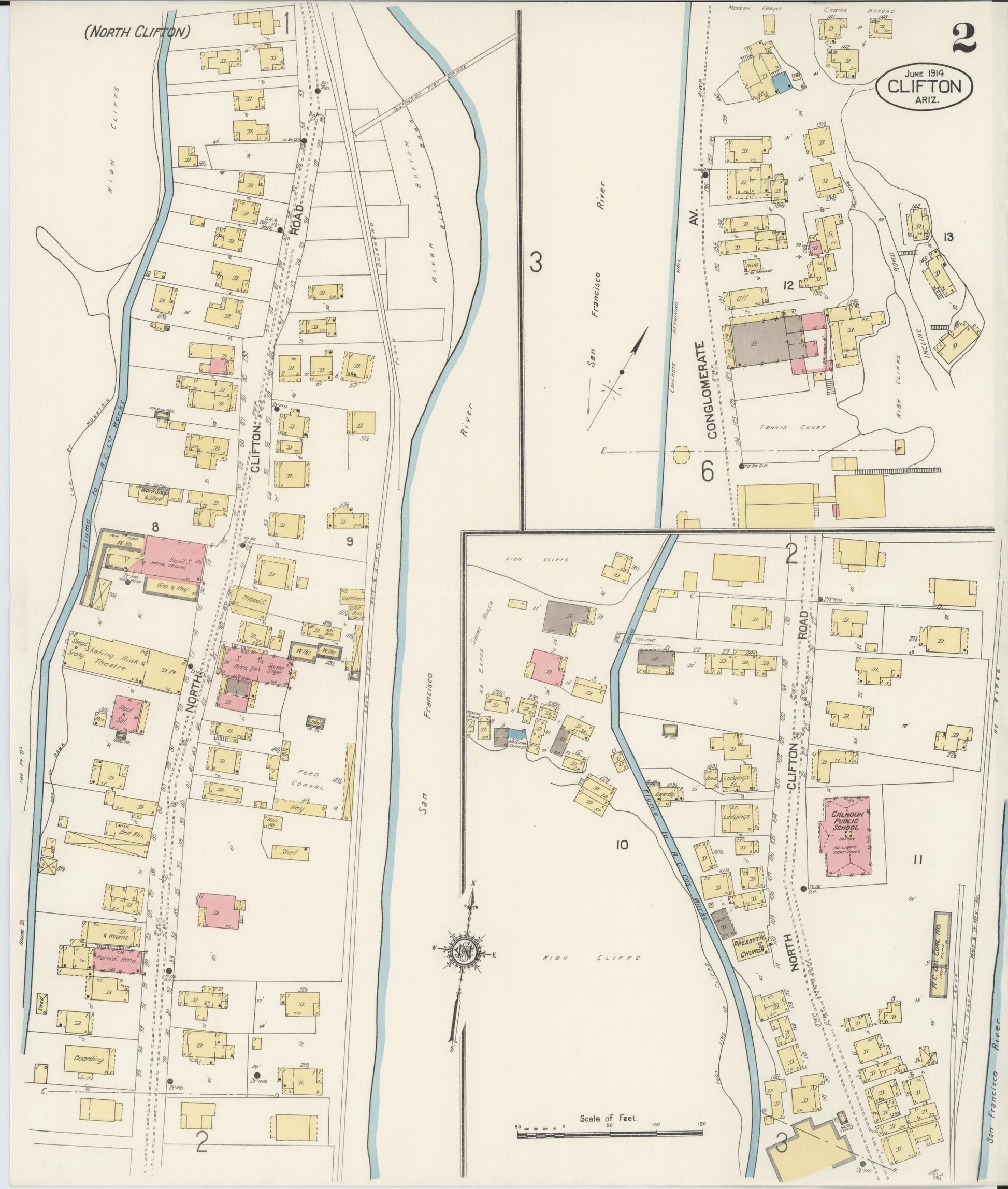 Sanborn Fire Insurance Map from Clifton, Greenlee County, Arizona (1914), Sheet #0002 - Historic Sanborn Fire Insurance Map Print, vintage old map wall art, antique decor, genealogy gift, Arizona Arizona map