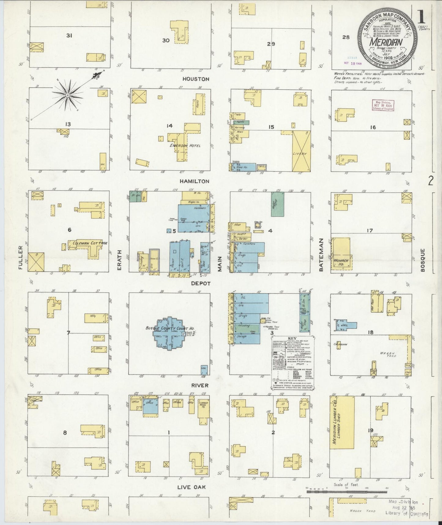 Sanborn Fire Insurance Map from Meridian, Bosque County, Texas (1909), Sheet #0001 - Historic Sanborn Fire Insurance Map Print, vintage old map wall art, antique decor, genealogy gift, Texas Texas map