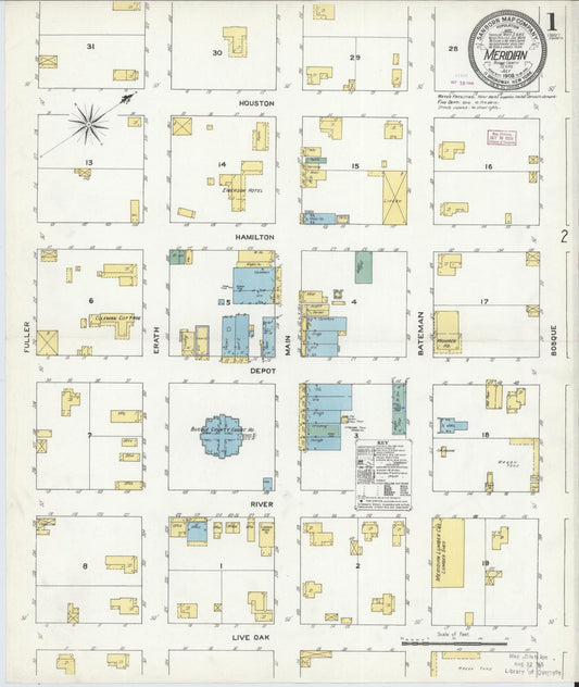Sanborn Fire Insurance Map from Meridian, Bosque County, Texas (1909), Sheet #0001 - Historic Sanborn Fire Insurance Map Print, vintage old map wall art, antique decor, genealogy gift, Texas Texas map