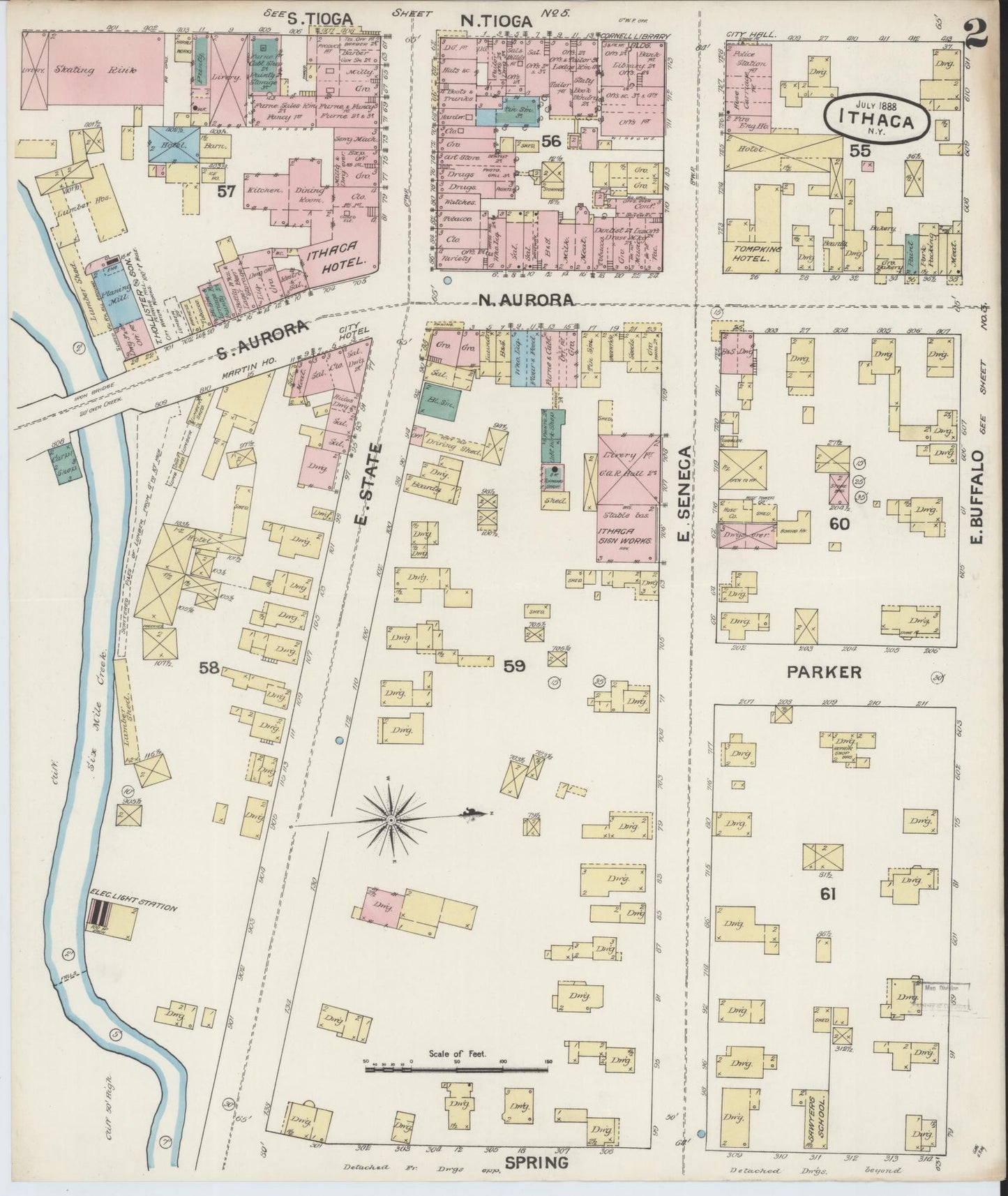 Sanborn Fire Insurance Map from Ithaca, Tompkins County, New York (1888), Sheet #0002 - Historic Sanborn Fire Insurance Map Print, vintage old map wall art, antique decor, genealogy gift, New York New York map