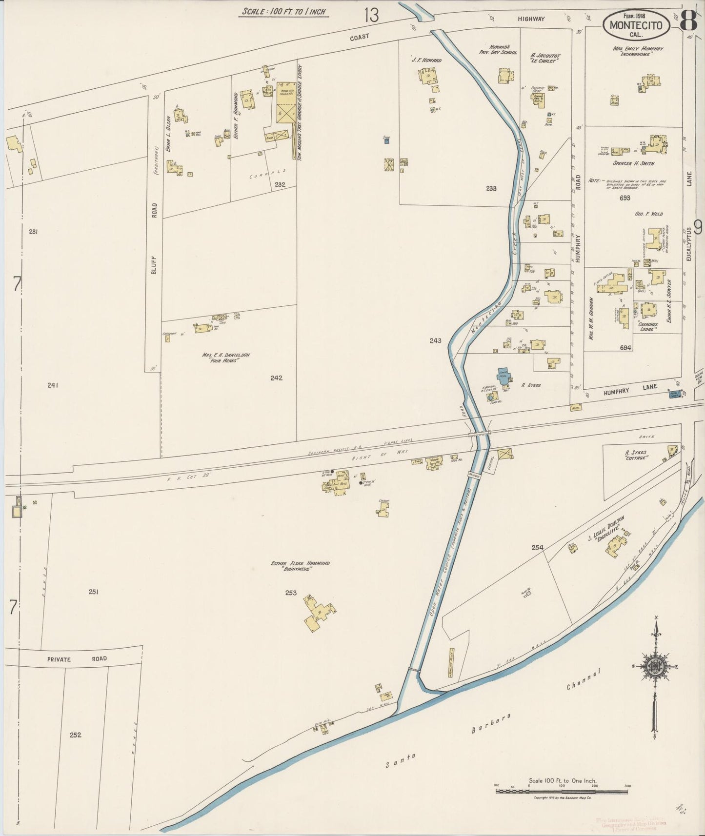 Sanborn Fire Insurance Map from Montecito, Santa Barbara County, California (1918), Sheet #0008 - Historic Sanborn Fire Insurance Map Print, vintage old map wall art, antique decor, genealogy gift, California California map