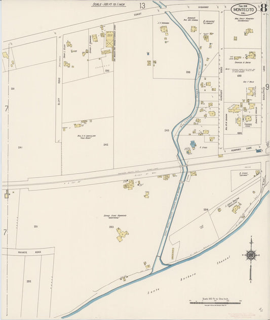 Sanborn Fire Insurance Map from Montecito, Santa Barbara County, California (1918), Sheet #0008 - Historic Sanborn Fire Insurance Map Print, vintage old map wall art, antique decor, genealogy gift, California California map