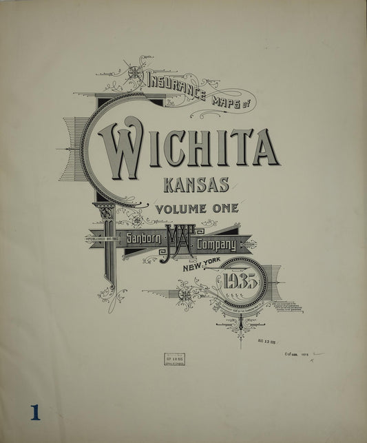 Sanborn Fire Insurance Map from Wichita, Sedgwick County, Kansas (1935), Sheet #0001 - Complete Map Set gallery image, historic Sanborn map, vintage wall art, Kansas Kansas