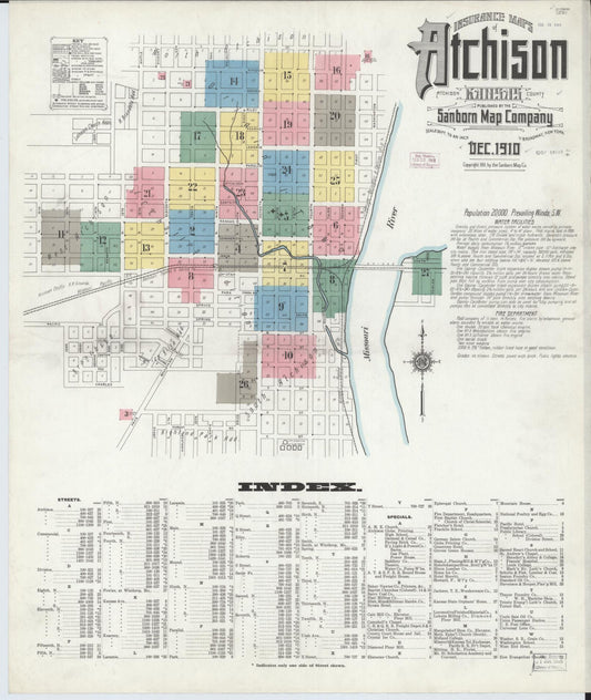 Sanborn Fire Insurance Map from Atchison, Atchison County, Kansas (1910), Sheet #0001 - Complete Map Set gallery image, historic Sanborn map, vintage wall art, Kansas Kansas