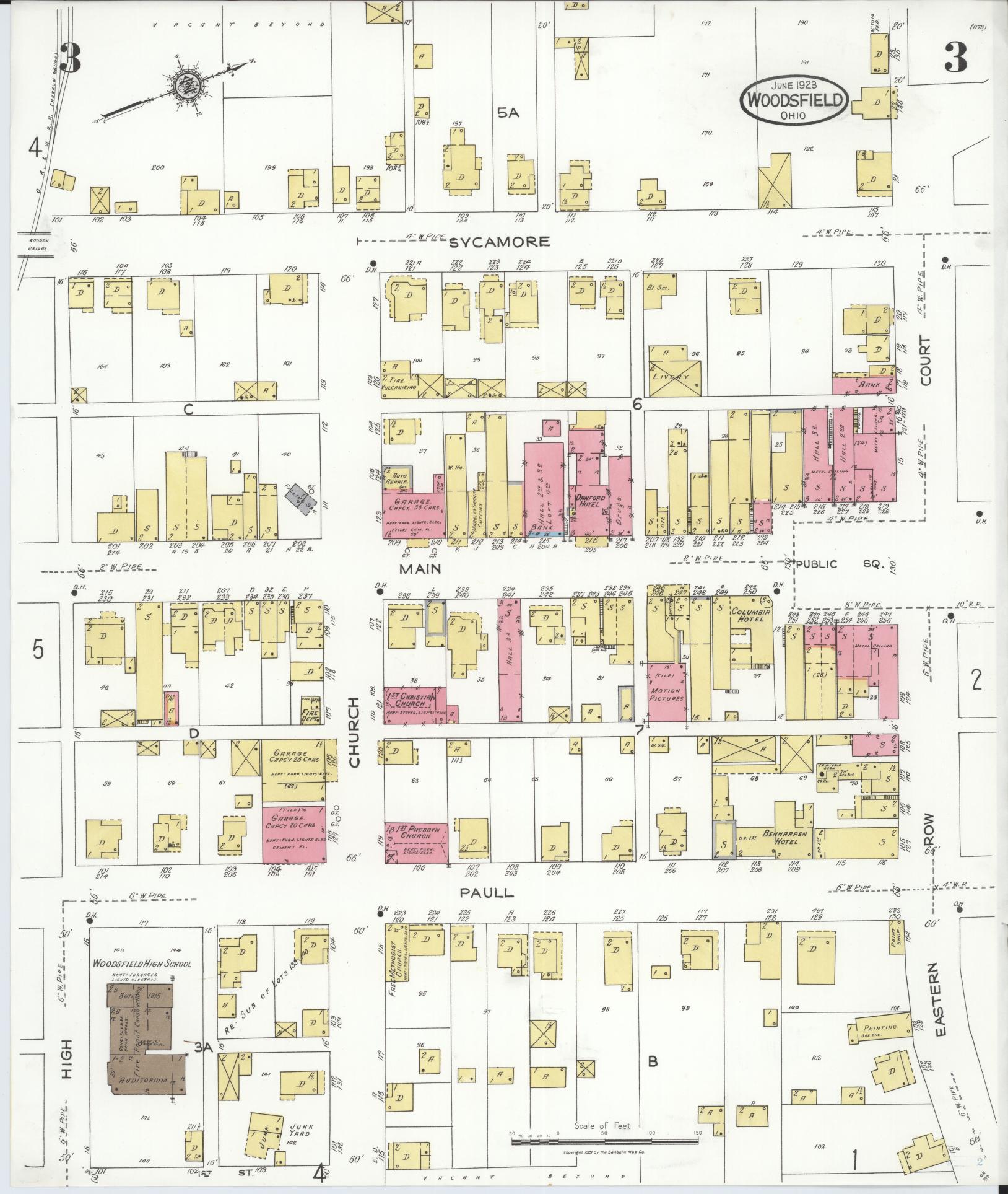 Sanborn Fire Insurance Map from Woodsfield, Monroe County, Ohio (1923), Sheet #0003 - Historic Sanborn Fire Insurance Map Print, vintage old map wall art, antique decor, genealogy gift, Ohio Ohio map