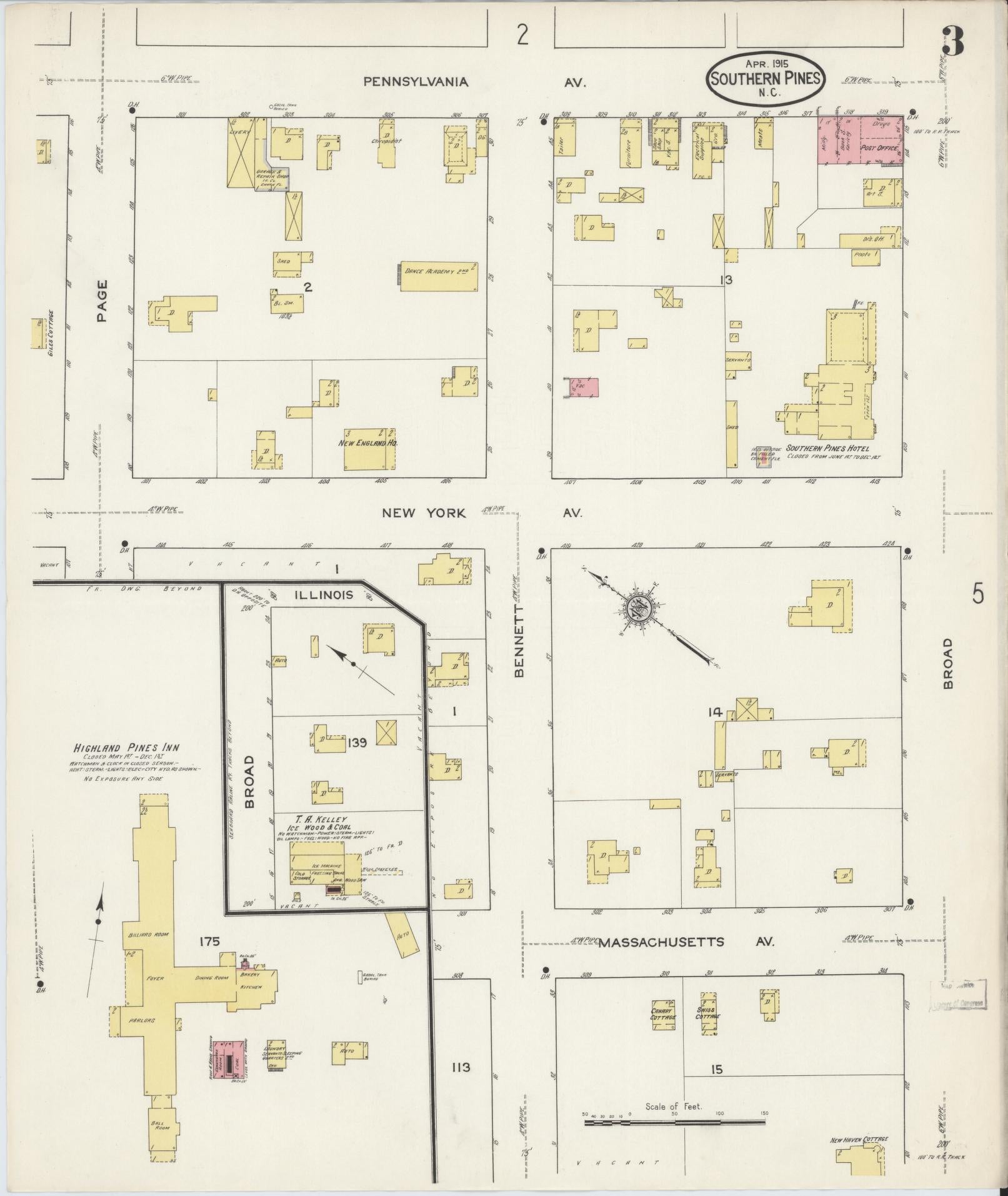 Sanborn Fire Insurance Map from Southern Pines, Moore County, North Carolina (1915), Sheet #0003 - Historic Sanborn Fire Insurance Map Print, vintage old map wall art, antique decor, genealogy gift, North Carolina North Carolina map