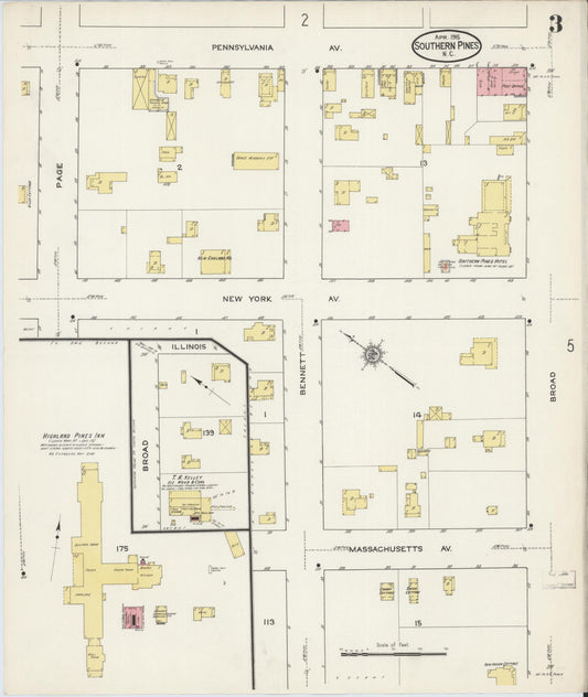Sanborn Fire Insurance Map from Southern Pines, Moore County, North Carolina (1915), Sheet #0003 - Historic Sanborn Fire Insurance Map Print, vintage old map wall art, antique decor, genealogy gift, North Carolina North Carolina map