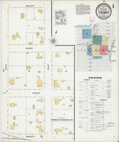 Sanborn Fire Insurance Map from Columbus, Colorado County, Texas (1906), Sheet #0001 - Complete Map Set gallery image, historic Sanborn map, vintage wall art, Texas Texas