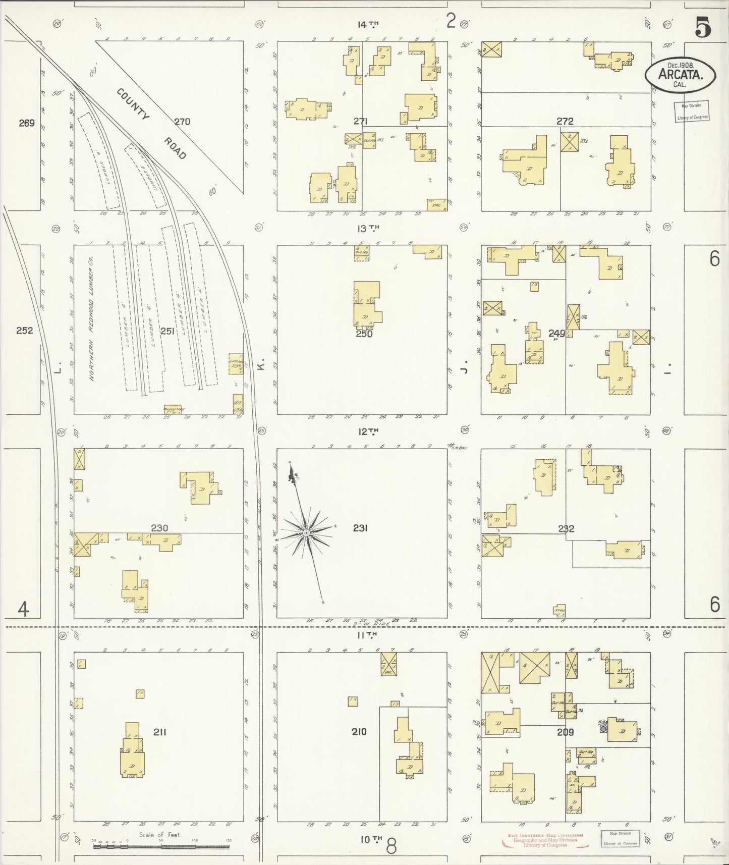 Sanborn Fire Insurance Map from Arcata, Humboldt County, California (1908), Sheet #0005 - Historic Sanborn Fire Insurance Map Print, vintage old map wall art, antique decor, genealogy gift, California California map