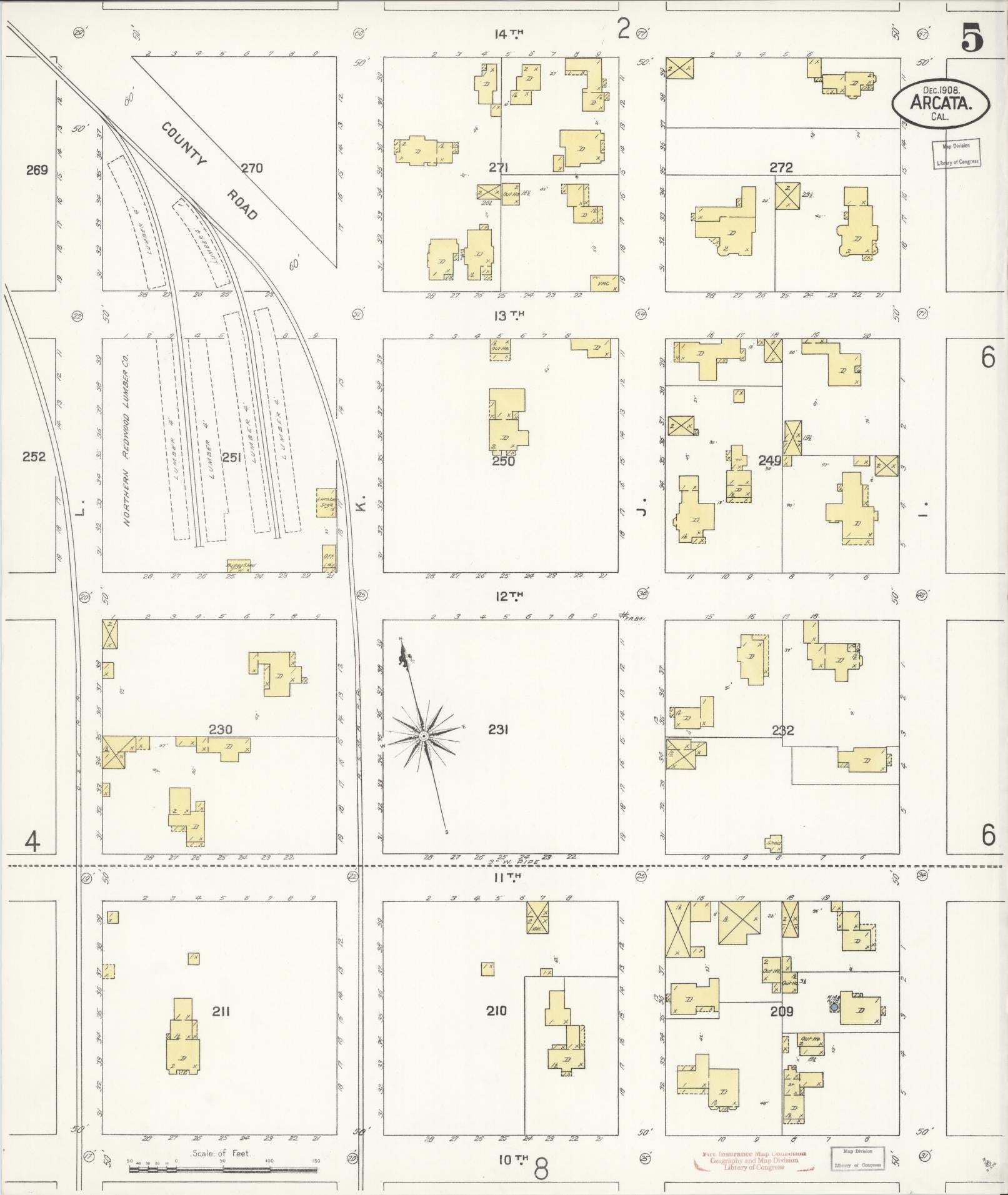 Sanborn Fire Insurance Map from Arcata, Humboldt County, California (1908), Sheet #0005 - Historic Sanborn Fire Insurance Map Print, vintage old map wall art, antique decor, genealogy gift, California California map