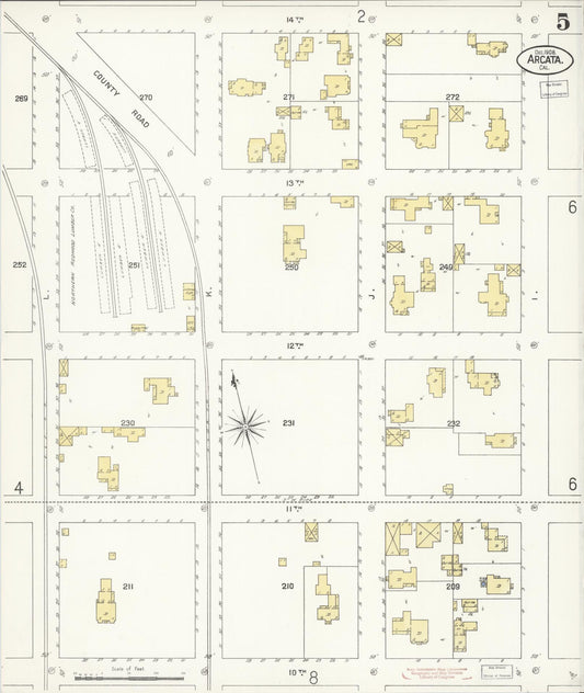 Sanborn Fire Insurance Map from Arcata, Humboldt County, California (1908), Sheet #0005 - Historic Sanborn Fire Insurance Map Print, vintage old map wall art, antique decor, genealogy gift, California California map