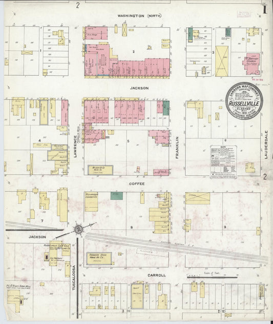 Sanborn Fire Insurance Map from Russellville, Franklin County, Alabama (1910), Sheet #0001 - Complete Map Set gallery image, historic Sanborn map, vintage wall art, Alabama Alabama