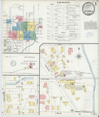 Sanborn Fire Insurance Map from Greensburg, Decatur County, Indiana (1899), Sheet #0001 - Historic Sanborn Fire Insurance Map Print, vintage old map wall art, antique decor, genealogy gift, Indiana Indiana map