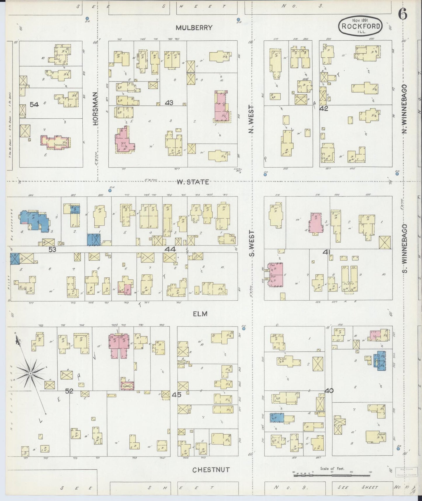 Sanborn Fire Insurance Map from Rockford, Winnebago County, Illinois (1891), Sheet #0006 - Historic Sanborn Fire Insurance Map Print, vintage old map wall art, antique decor, genealogy gift, Illinois Illinois map