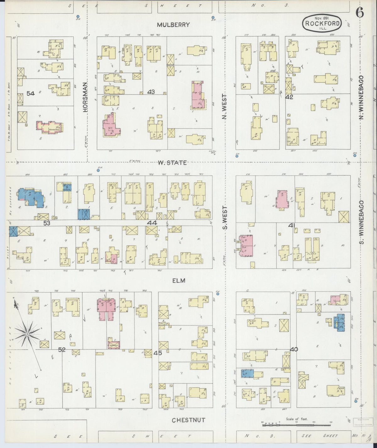 Sanborn Fire Insurance Map from Rockford, Winnebago County, Illinois (1891), Sheet #0006 - Historic Sanborn Fire Insurance Map Print, vintage old map wall art, antique decor, genealogy gift, Illinois Illinois map