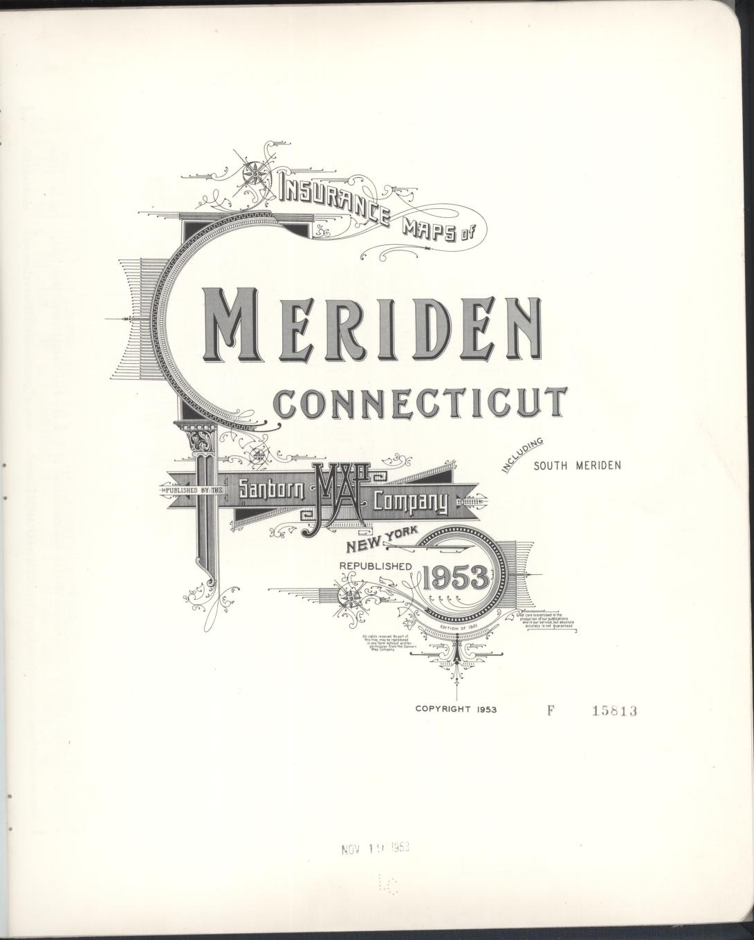 Sanborn Fire Insurance Map from Meriden, New Haven County, Connecticut (1953), Sheet #0001 - Historic Sanborn Fire Insurance Map Print, vintage old map wall art, antique decor, genealogy gift, Connecticut Connecticut map