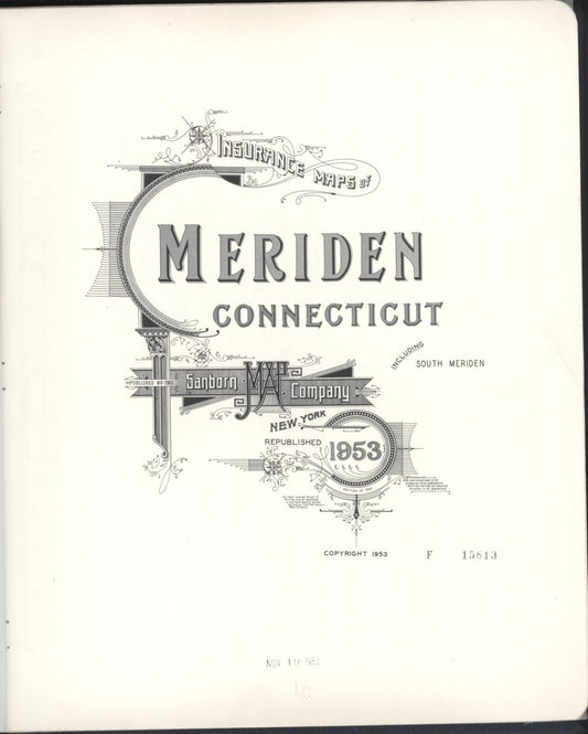 Sanborn Fire Insurance Map from Meriden, New Haven County, Connecticut (1953), Sheet #0001 - Historic Sanborn Fire Insurance Map Print, vintage old map wall art, antique decor, genealogy gift, Connecticut Connecticut map