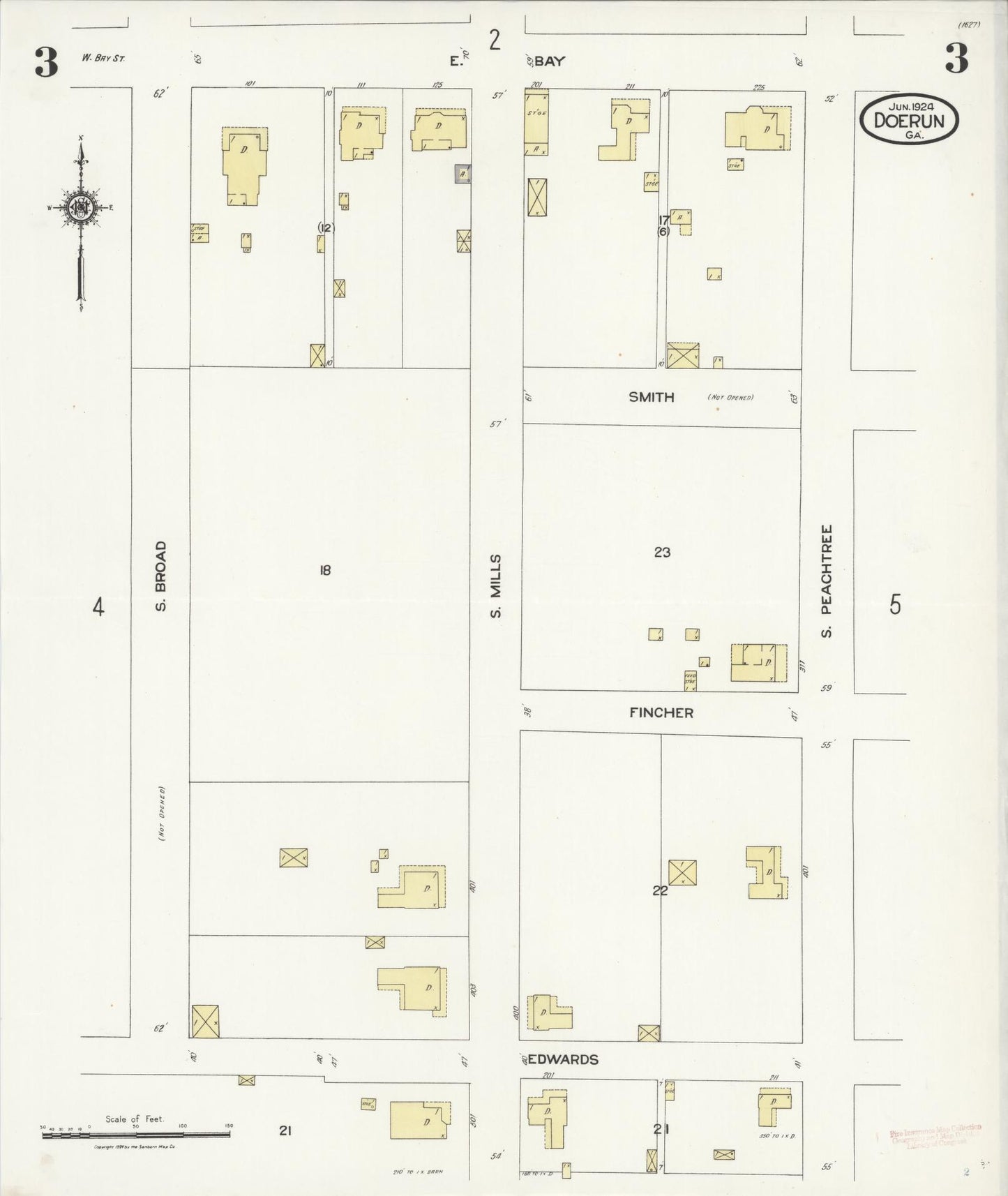 Sanborn Fire Insurance Map from Doerun, Colquitt County, Georgia (1924), Sheet #0003 - Historic Sanborn Fire Insurance Map Print, vintage old map wall art, antique decor, genealogy gift, Georgia Georgia map