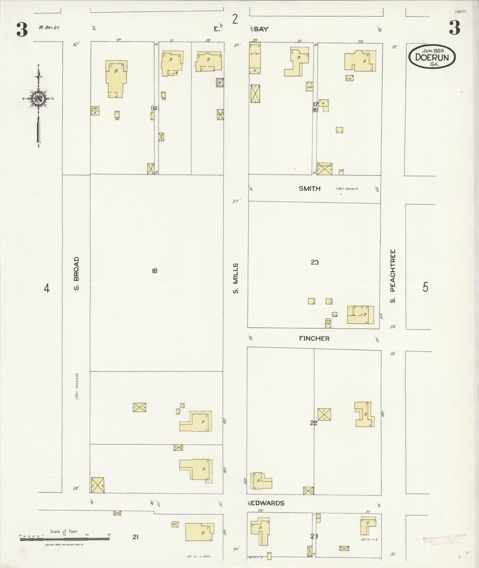 Sanborn Fire Insurance Map from Doerun, Colquitt County, Georgia (1924), Sheet #0003 - Historic Sanborn Fire Insurance Map Print, vintage old map wall art, antique decor, genealogy gift, Georgia Georgia map