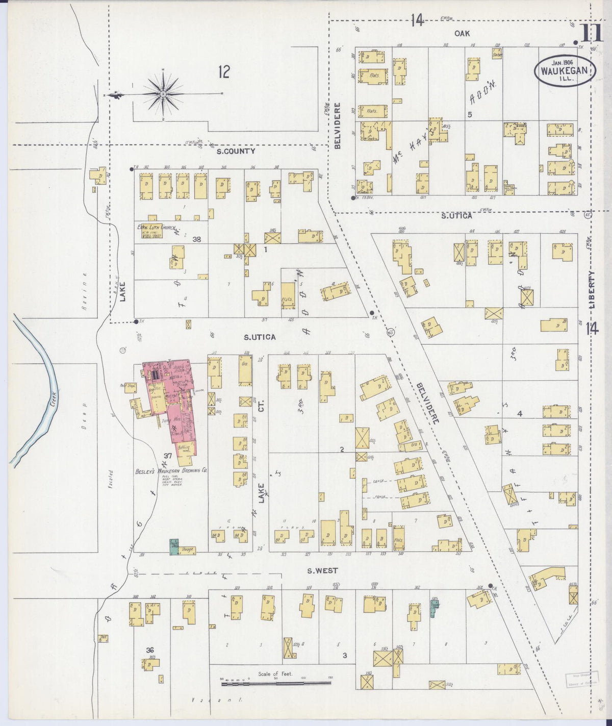 Sanborn Fire Insurance Map from Waukegan, Lake County, Illinois (1906), Sheet #0011 - Complete Map Set gallery image, historic Sanborn map, vintage wall art, Illinois Illinois