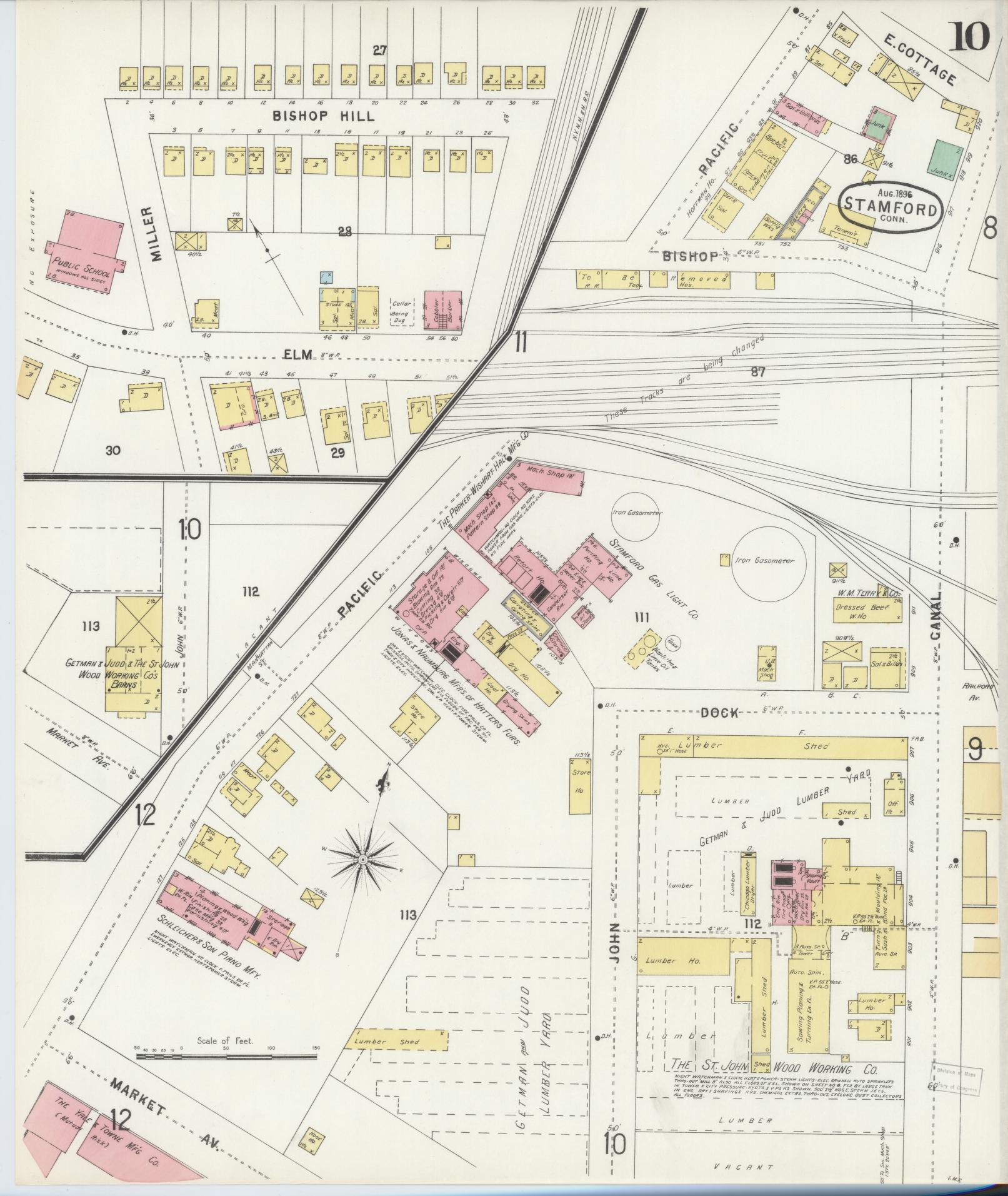 Sanborn Fire Insurance Map from Stamford, Fairfield County, Connecticut (1896), Sheet #0010 - Historic Sanborn Fire Insurance Map Print, vintage old map wall art, antique decor, genealogy gift, Connecticut Connecticut map